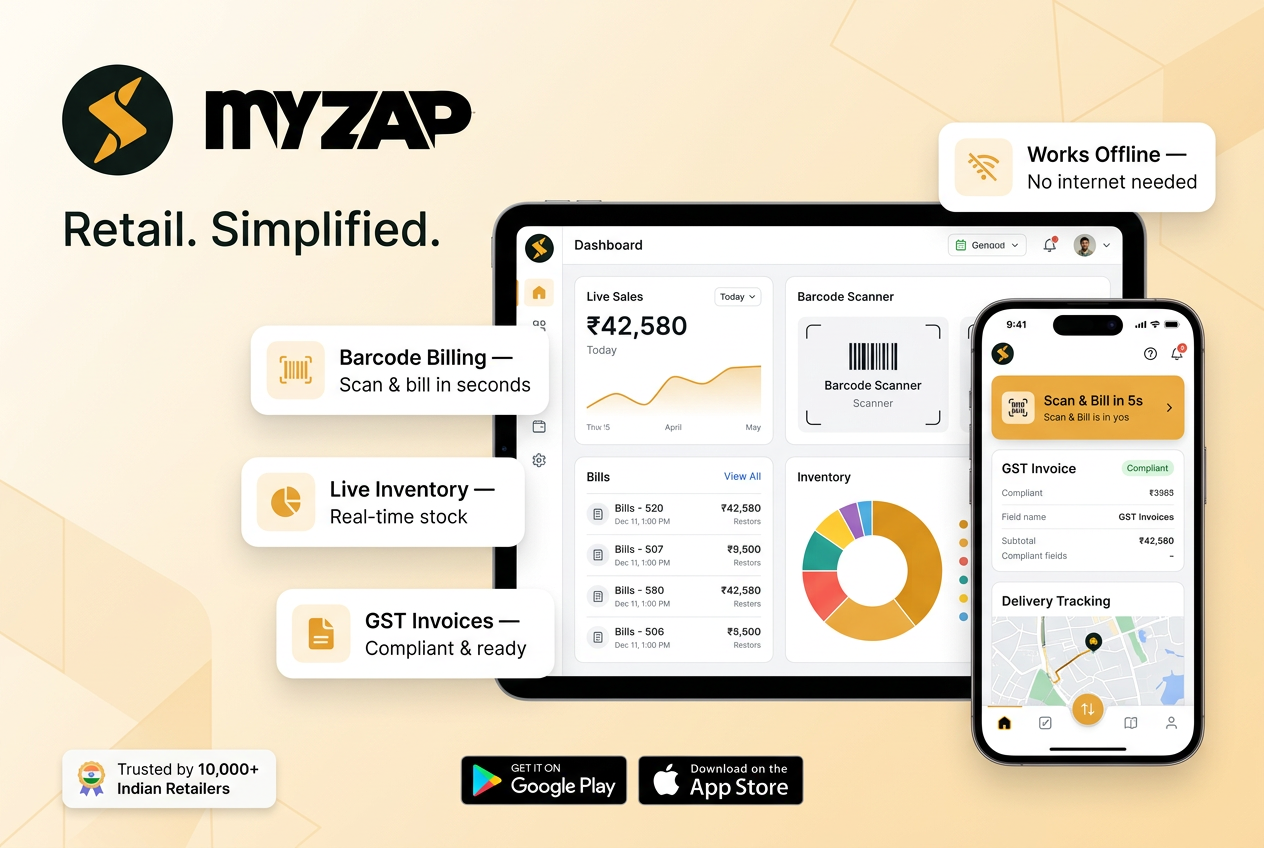 MYZAP shown on tablet and mobile — barcode billing, live inventory, GST invoices, delivery tracking and offline mode